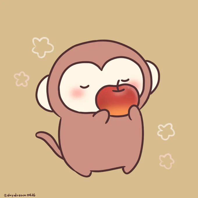くんくん…甘くて良い香り〜 #さるもっち #りんご #秋 #ゆるいイラスト