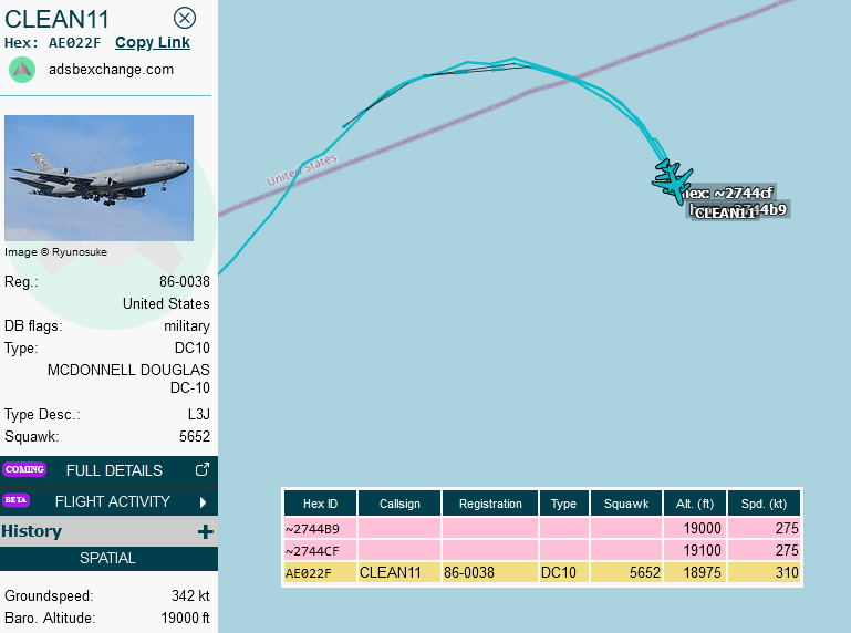 SirListenalot's tweet photo. When #CLEAN11 made a three-sixty to allow #TABOR61-65 to catch up there were two TIS-B targets visible. They are air spares #TABOR67-68, of which 68 is now returning to Martin State. So six #A10's to Lajes. https://t.co/qxA7XuIxFr