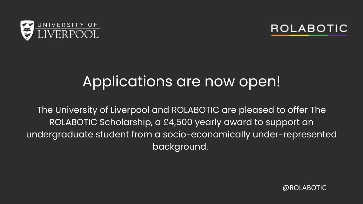 LivUniWP's tweet photo. ROLABOTIC focuses on the core values of 'People, Prototypes and Purpose'. The @rolabotic Scholarships is a reflection of these values and the desire to help students to transform their futures. 

More info: https://t.co/R7SAs8E6Od https://t.co/ZuHEg1cwCM