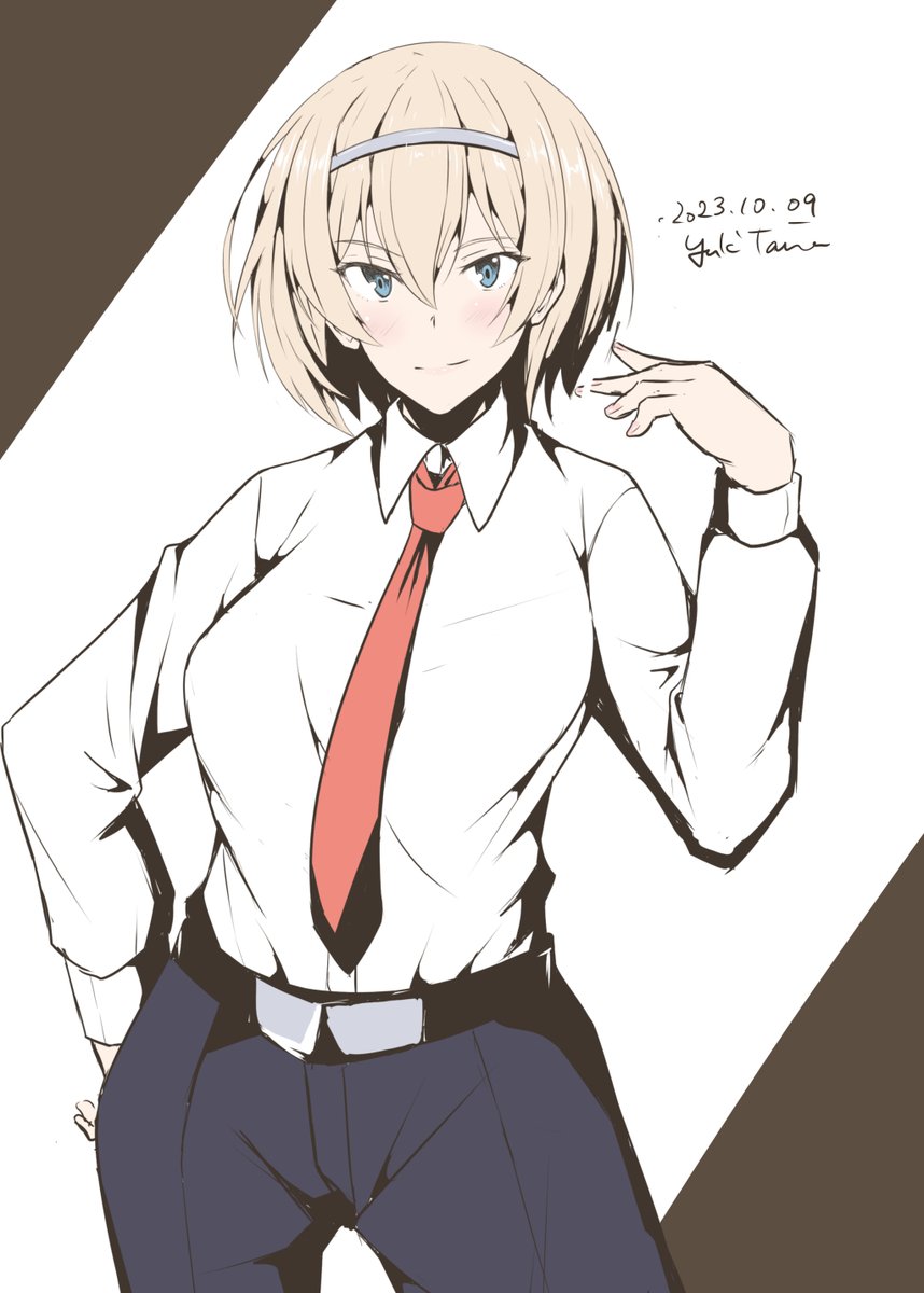 1girl solo necktie shirt pants blonde hair red necktie  illustration images