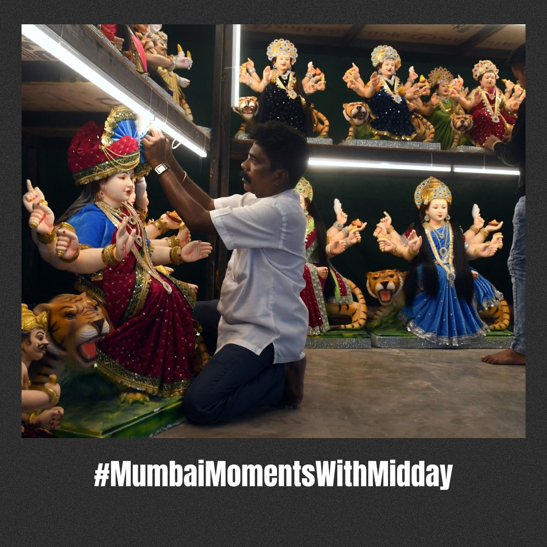 The artist adds finishing touches to Amba idol at Devta Kala Kendra workshop in Pila Bungalow, Sion Dharavi, ahead of the upcoming Navratri festival Discover Mumbai through Midday's lens. Celebrate everyday moments from across our vibrant City of Dreams. Photo by: @raje_ashish