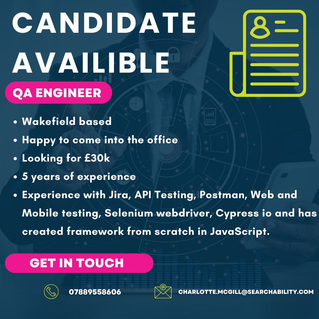 ✨I'm working with a great candidate based in Wakefield. 
🔎Let me know if you'd be interested in seeing his full CV!