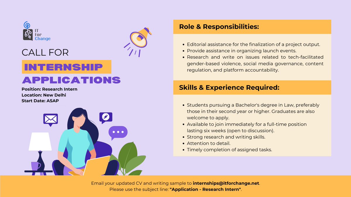 ITforChange's tweet photo. 📢 Exciting Opportunity Alert! IT for Change is offering a #ResearchInternship in Delhi! Ready to join? Send your CV and writing sample to internships@itforchange.net. 

#DelhiJobs #ResearchIntern #TechPolicy #ITforChange https://t.co/LwvFkSiVw1