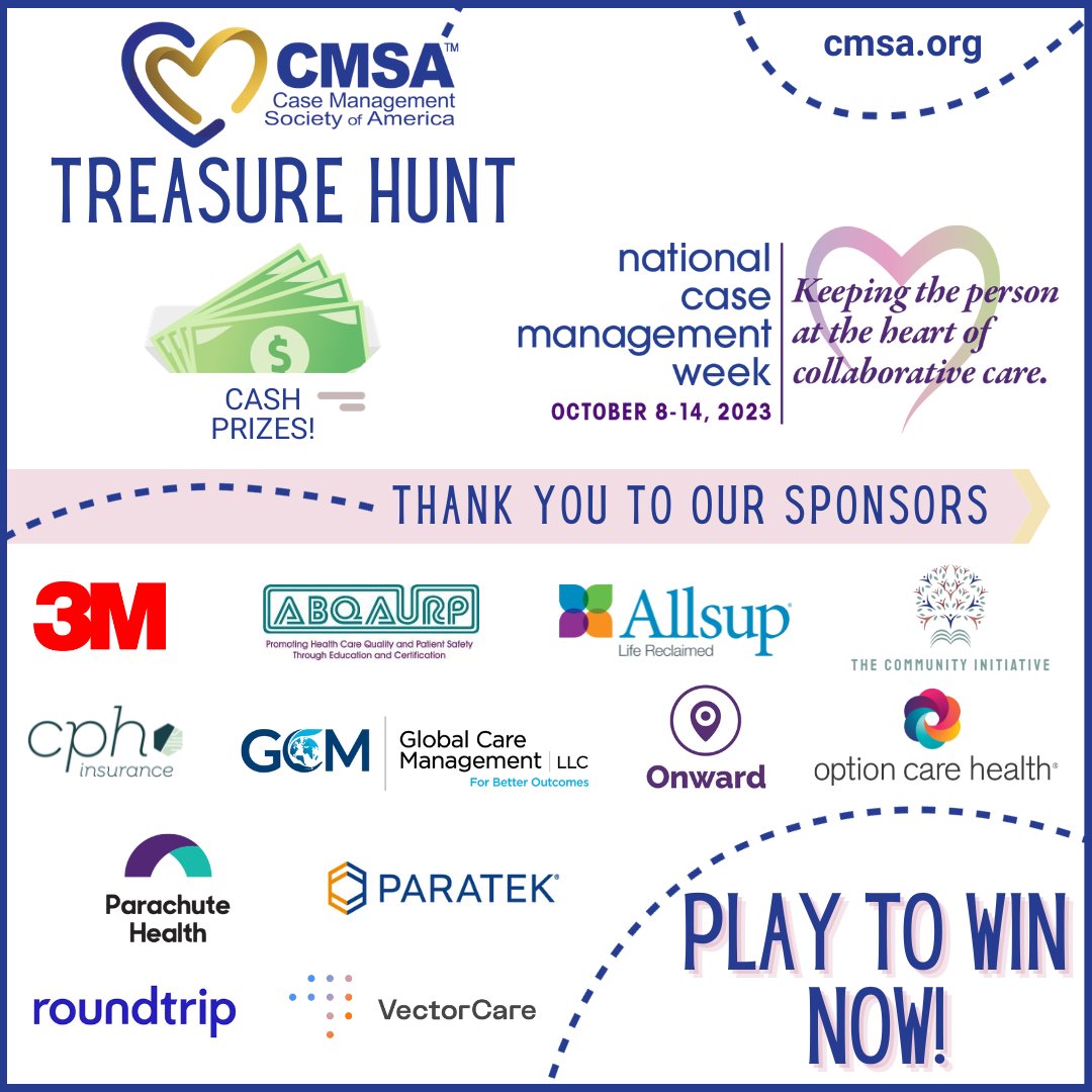CMSANational's tweet photo. Join in the hunt for treasure (aka CASH PRIZES) with our #CMSA #CMWeek2023 Trivia Treasure Hunt! Answer the questions correctly for a chance to win! 🔗 https://t.co/xaYD6pfNjy
Special Thanks to Our Sponsors! Grand Prize of $500! #CMWeek #CaseManagersRock #CMSA #CaseManagement https://t.co/9vXFhYqrNh