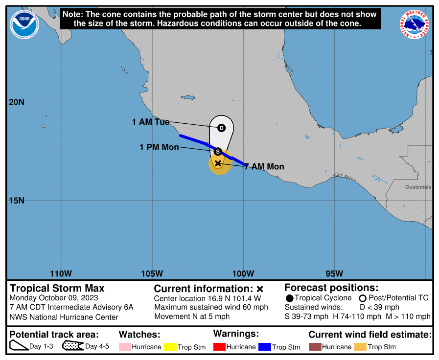 LimWeather's tweet photo. 60mph #Max forecast to peak at =>60mph TS with a #tropicalstormwarning in effect from #Acapulco to #PuntaSanTelmo, which is covers most of #guerrero and #michoacan
life threatening #Flooding and #Mudslides are likely
#Wxtwitter #Tropicswx #Mexico #TropicalStorm #TropicalStormMax https://t.co/nMyFsEjILJ