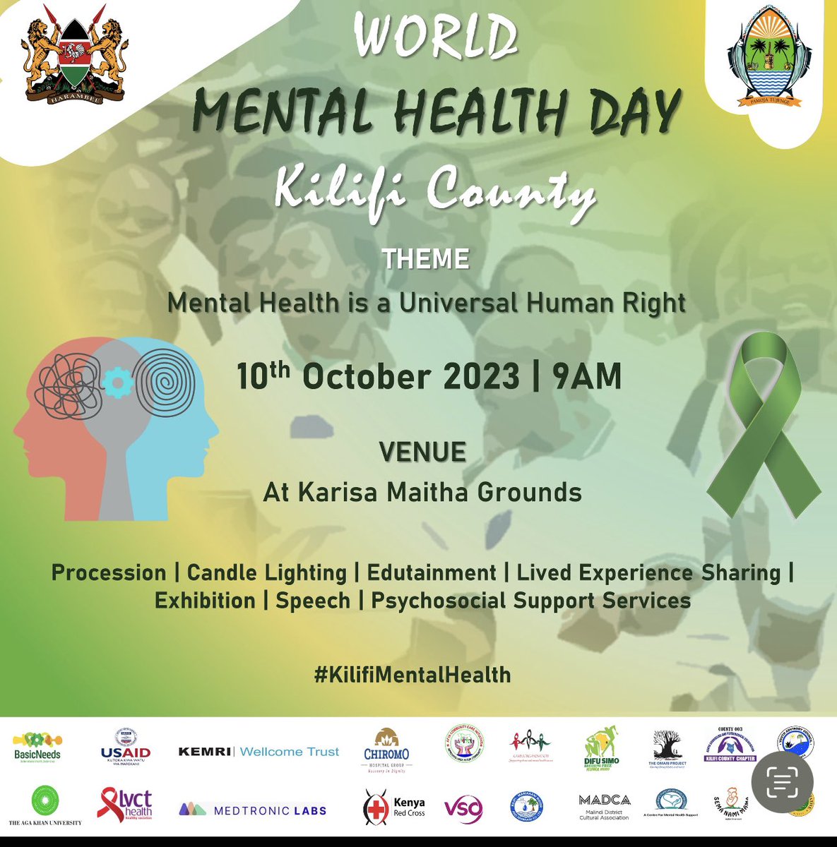🌟 Join us as we break the stigma, build resilience and nurture our mental well being together this #WorldMentalHealthDay2023 . 🧠 

🗓️ Date: 10th October 
⏰ Time: 9:00am
📍 Location: Karisa Maitha Grounds Kilifi
