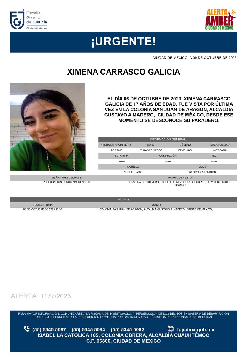 Se activa #AlertaAmber para localizar a la menor de nombre Ximena Carrasco Galicia de 17 años de edad, fue vista por última vez, el día 6 de octubre de 2023, en la colonia San Juan de Aragón, alcaldía GAM