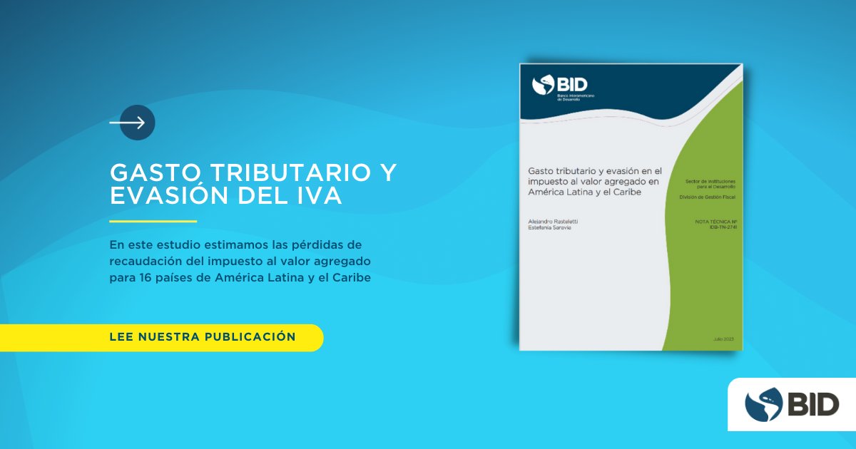 El IVA es el impuesto más importantes en América Latina. ¿Pero cuánta recaudación se pierde por evasión y gastos tributarios? En un nuevo estudio estimamos esta pérdida para 16 países. ¡Descargalo para conocer más! publications.iadb.org/es/gasto-tribu… #FiscalPolicy #LatinAmerica #Taxation