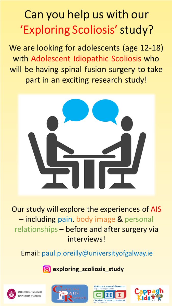 1) We are almost finished recruiting for our study exploring the experiences of teens with Adolescent Idiopathic Scoliosis.
We are hoping to get 1 or 2 more teens to take part in the study!
📷