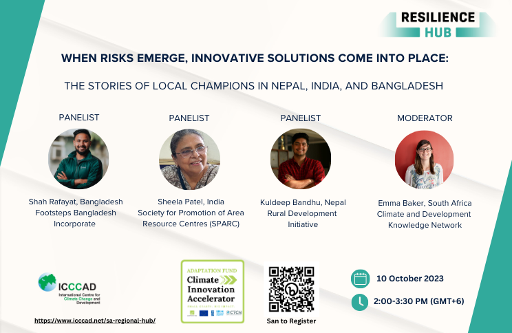 📢 Join us tomorrow at the South Asia Regional Resilience Hub to hear about innovative adaptation projects in Nepal, India, and Bangladesh supported by UNDP-AFCIA.

Tuesday 10 October
14:00-15:30 GMT +6

More info and register ➡️ icccad.net/sa-regional-hu…