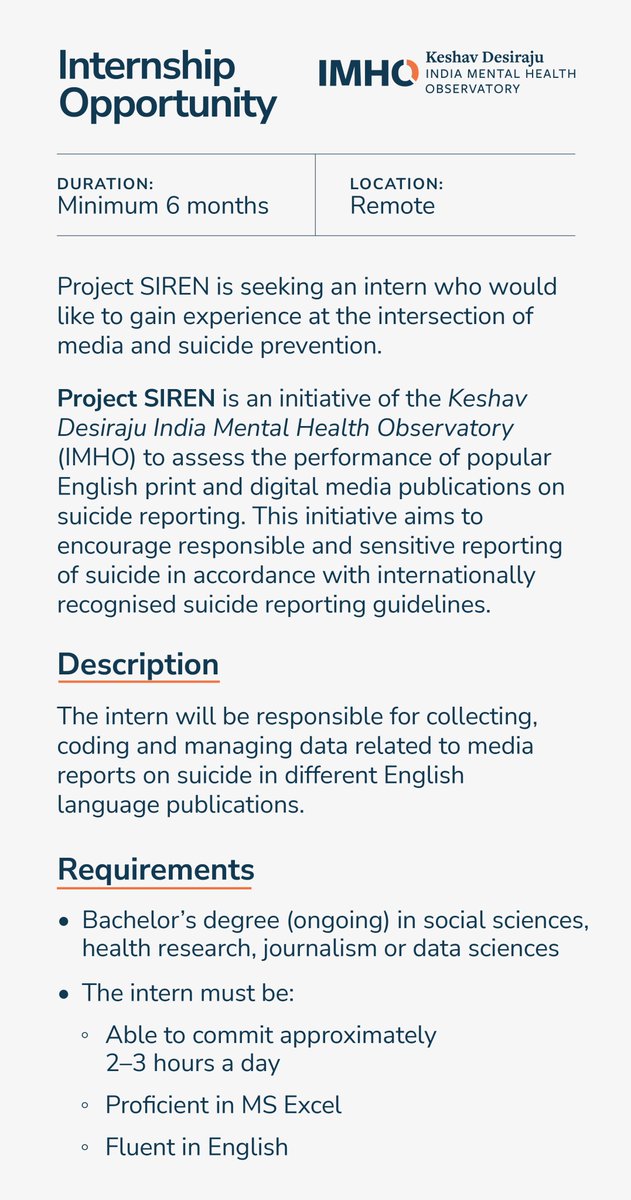 CMHLPIndia's tweet photo. #Internship opportunity!
We are looking for an intern for #ProjectSIREN, an initiative that aims to encourage responsible & sensitive reporting of suicide in accordance with internationally recognised suicide reporting guidelines.
➡️ Remote
➡️Apply by: 23/10/2023
More details⤵️ https://t.co/nuiHVmiSDl
