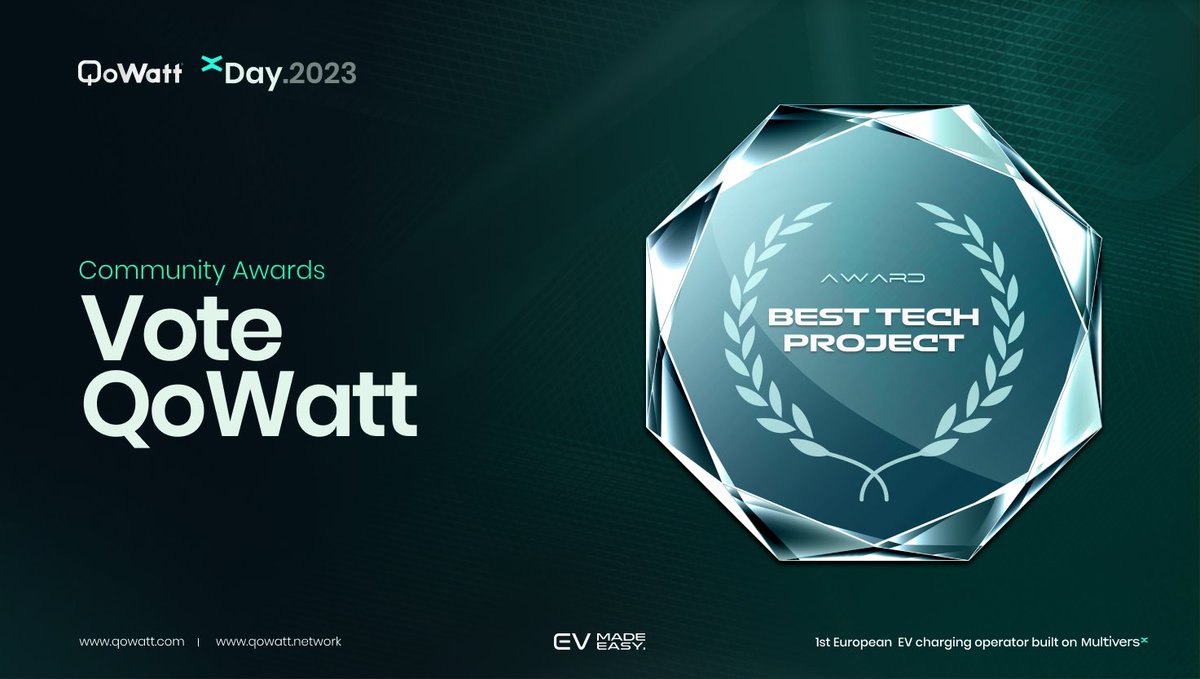 QoWattEcosystem's tweet photo. [@xDay2023] QoWatt: "BEST TECH PROJECT"🗳️🏆

@QoWattEcosystem IS the best project applied to the real world. The company has already won the international #xDay2022 award in this sector;

For #xDay2023, the company decided to apply to a new category:

"Best Tech Project - This award recognises the project with the best technical features and advancements"

At @QoWattEcosystem, we believe we deserve this category due to the quality and technological solutions our #NFTs and #tokens bring to real world and crypto-adoptability problems.
Over the next few months, QoWatt NFTs will be fully usable in the real world. It will be possible to identify yourself at a QoWatt charging point, using your NFT to take advantage of the decentralized power of MultiversX and benefit from discounts of up to 32% on the charging of your electric vehicle.

That's not all, the emblematic #GenX collection will soon become a fully-fledged NFT in the form of its own unique SBT (Soulbound Token) for each holder of a physical GenX card. This GenX card will become the technological gateway between the real world and Web3. This gateway will enable the benefits of your favourite NFT seat to be interconnected and entwined with your GenX card allowing you to optimize a discount right of up to 42%.

Finally, and this is the preview announcement of a world first in the automotive electric charging sector:

"QoWatt, in the next few weeks will become the first electric vehicle charging infrastructure operator in the world to enable service payments in cryptocurrencies directly from QoWatt charging stations".

This world first will be well deserved and will undeniably provide the necessary international spotlight, broadcasting QoWatt and Multiversx's ability to move to the next level, with new use cases in the technological world of tomorrow that everyone is waiting for!

For all these reasons, QoWatt is extremely proud of its progress in terms of innovation, with its developments evolving on a daily basis, allowing QoWatt to apply for this prestigious category: "Best Tech Project"

You can find the link below to @EGLD_Community website:
https://t.co/ciezbDembN

@QoWattEcosystem, its team and @HugoManteau would like to thank you for your support.