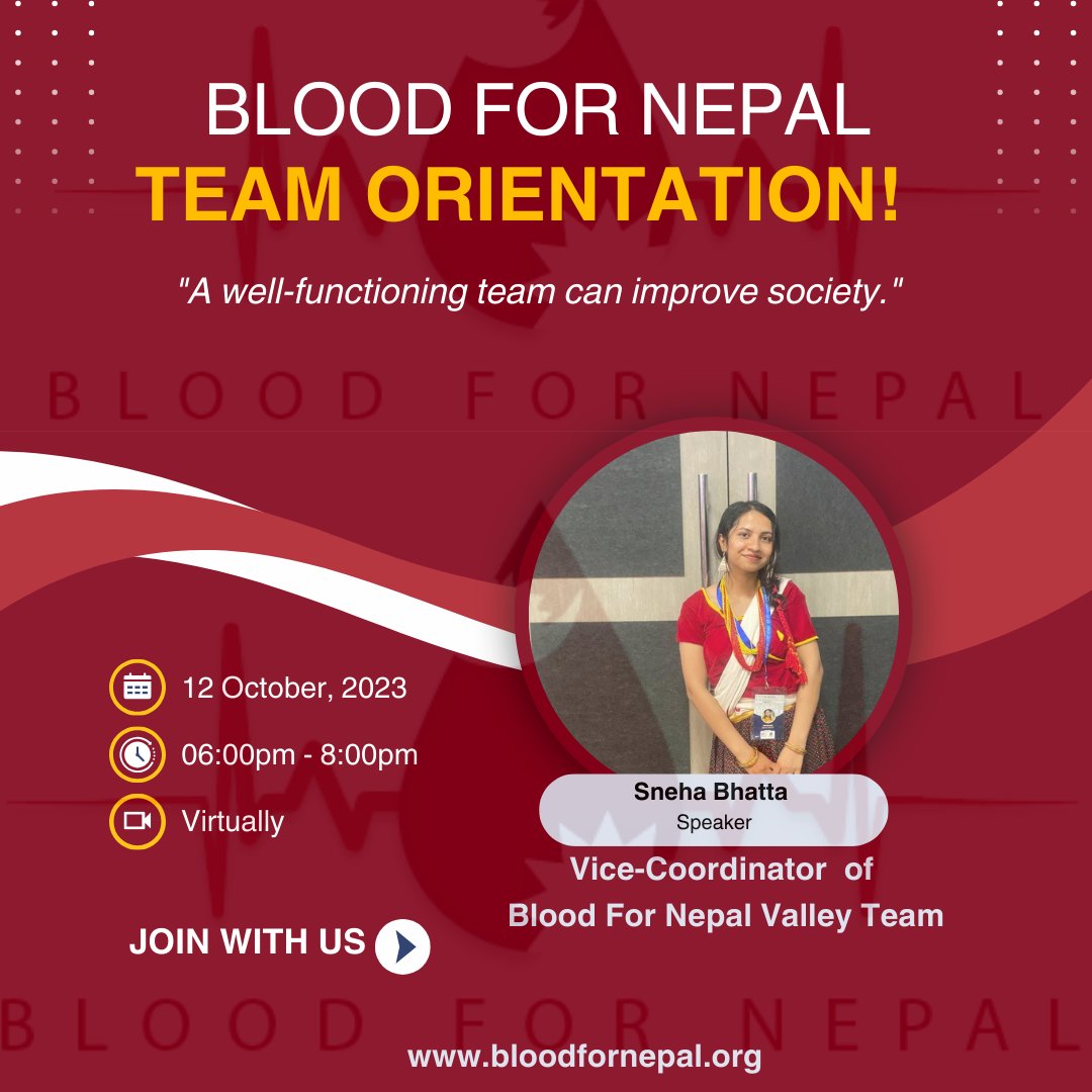 bloodfornepal's tweet photo. Hi everyone,
Please welcome Mrs. Sneha Bhatta, Vice-Coordinator of the Blood For Nepal Valley Team as Speaker for our Blood for Nepal (BFN) Team's orientation program.
#BFN #BloodForNepal #BFNTEam #WeshareWeCare #BloodForNepalTeamOrientation https://t.co/LO6NPdKoaZ