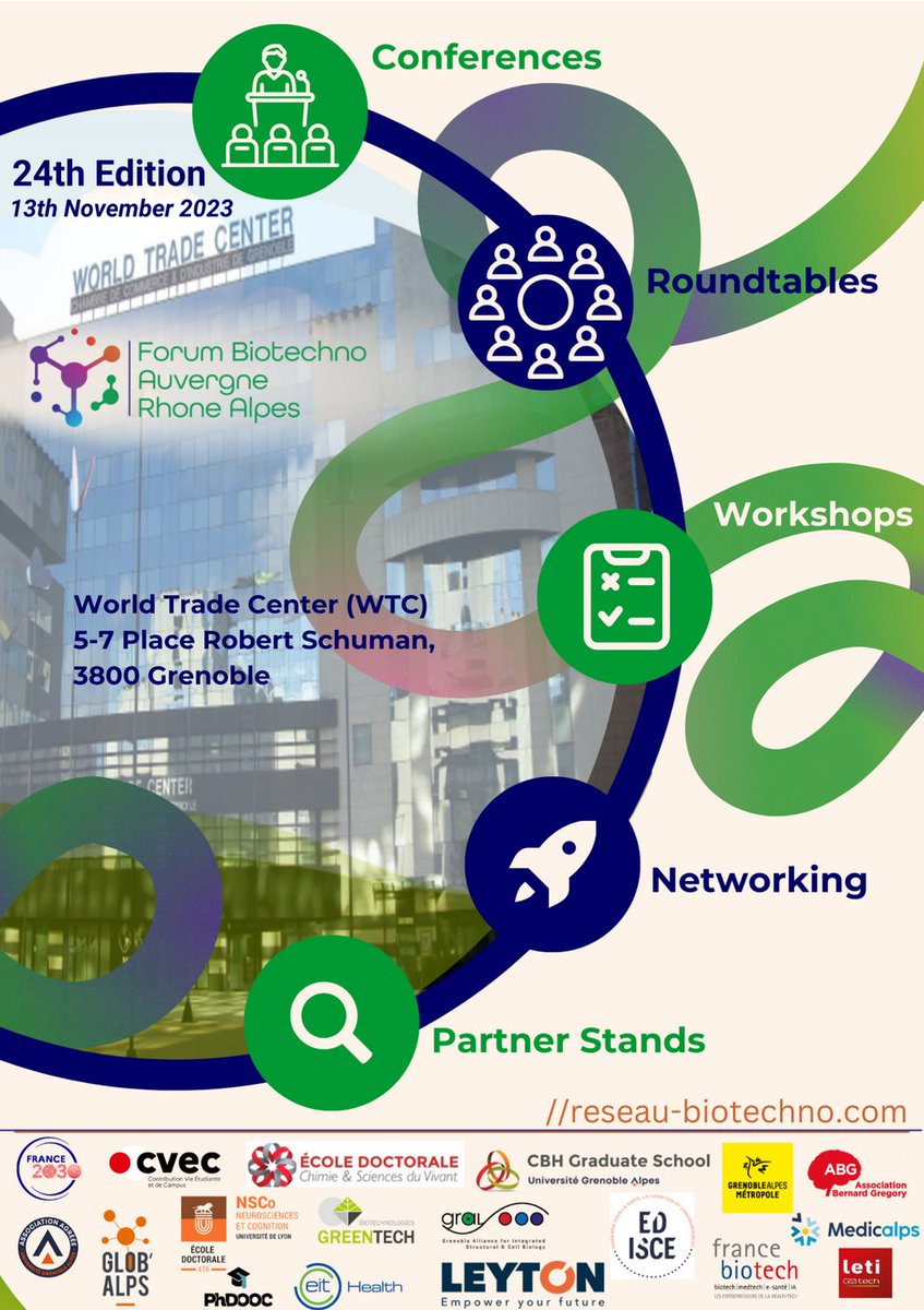 📢 SAVE THE DATE for the 24th Edition of Forum Biotechno AuRA in #Grenoble on the 13th of November !

You are a Master/PhD student or a Researcher in Life Science, wondering about your career path?

Join us at the Forum #Biotechno AuRA and plan your next moves!