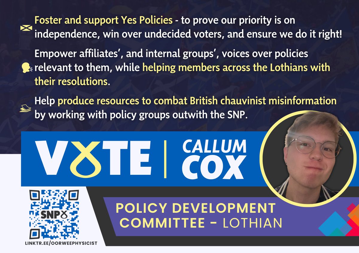 Guess who’s running for the Policy Development Committee 👀

I want to empower members across the Lothians to foster Yes Policies, in collaboration with groups within, and outwith, <a href="/theSNP/">The SNP</a> 🏴󠁧󠁢󠁳󠁣󠁴󠁿

Fancy a chat? Get in touch:
snp@physicist.scot
