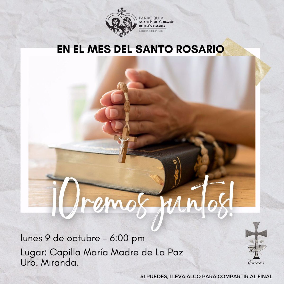 Te esperamos hoy lunes a las 6:00pm. Oremos juntos. Trae algo para compartir .
Capilla María Madre de la Paz
Av Del Centro con calle Florida
Urb. Miranda.