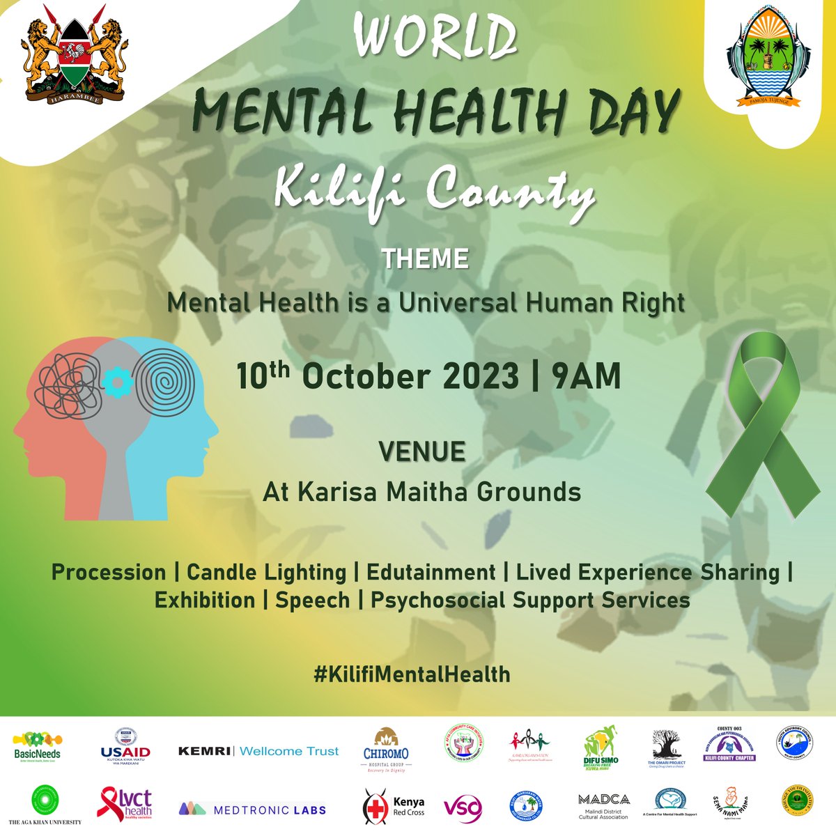 This year's #WorldMentalHealthDay2023 theme is; Mental Health is a Universal Human Right.

Kilifi #MentalHealth stakeholders will be celebrating the day at the Karisa Maitha grounds as from 9AM.

Join us!

#KilifiMentalHealth