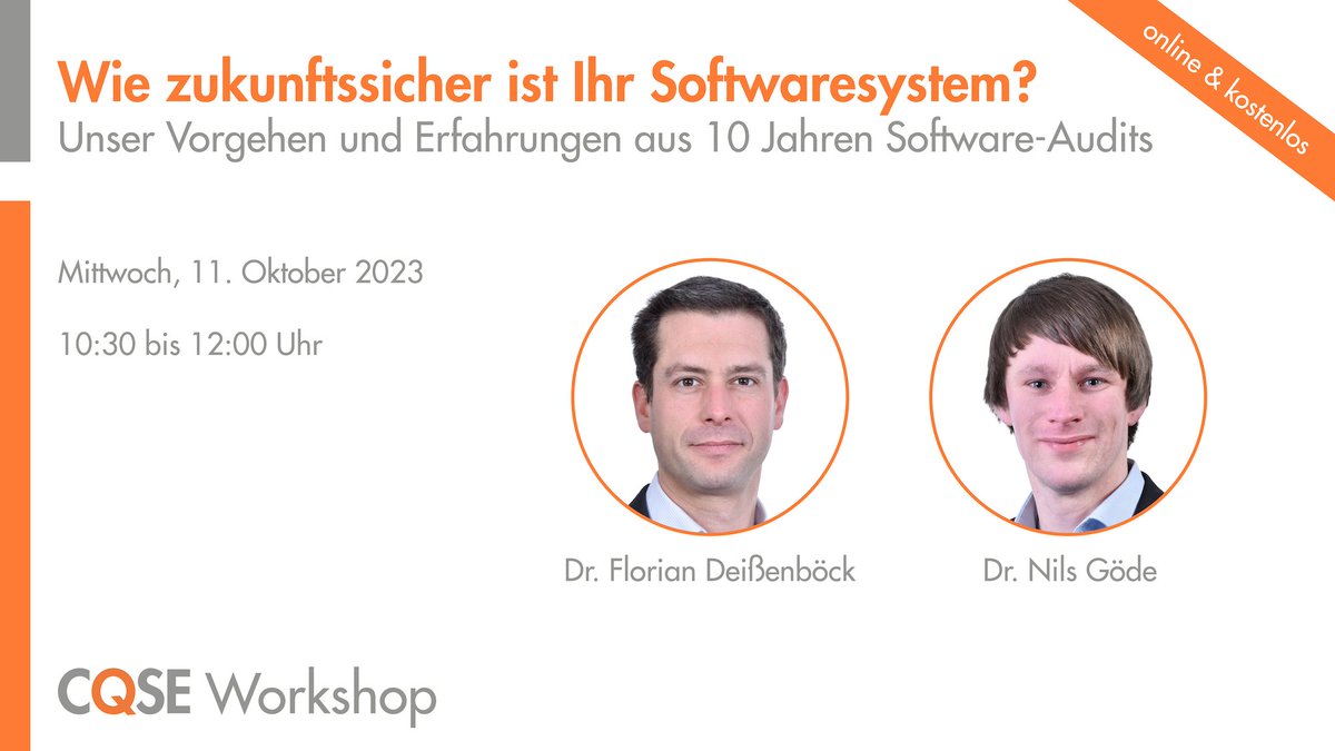 Heute um 10:30 Uhr teilen Florian Deißenböck und Nils Göde ihre Erfahrungen aus 10+ Jahren Auditierung von Softwaresystemen! Sei dabei und erfahre, wie auch euer System zukunftssicher wird! Online & kostenlos: cqse.eu/audit-2310-t3
#SoftwareAudit #Software #SoftwareQualität