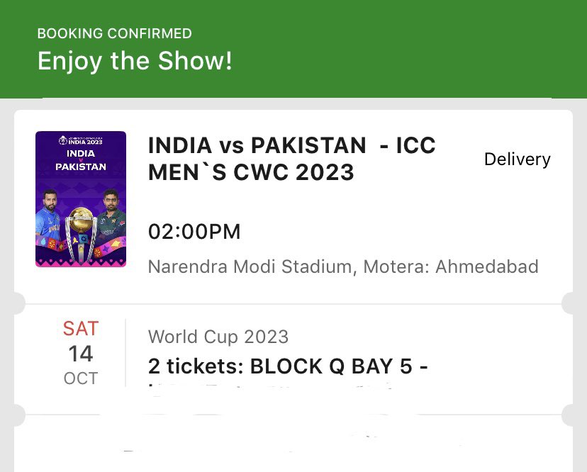 abhimanyu9996's tweet photo. World Cup 2023 Tickets available

India vs Pakistan
 
Block Q - 4 adjacent tickets available.

DM me for more details.

#indvspak #CricketTickets #IndiavsPak #tickets #matchtickets #WorldCup2023 #ticketsforsale #india #Ahmedabad #indiavspak https://t.co/4yEqxH3m1J