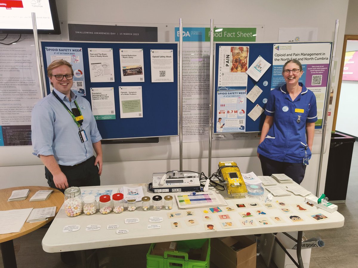 Jenny and Aiden have been at the Opioid Safety Week stand in the canteen at the Freeman Hospital today. We had great representation from @NuTHPharm and the pain service. Visit us 11am-1pm Monday -Friday this week to play opioid safety games and get resources for your department.