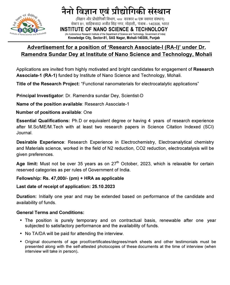 RamendraSundar1's tweet photo. @DENanoMat1 group has one vacant #postdocposition at @INSTMohali. Candidates with #electrochemistry background completed #PhD can apply at rsdey@inst.ac.in. Follow us for our research activity.
 https://t.co/DIjhPM5Mwy
https://t.co/dQf9f9iD6N https://t.co/r5s1QBZX0T
