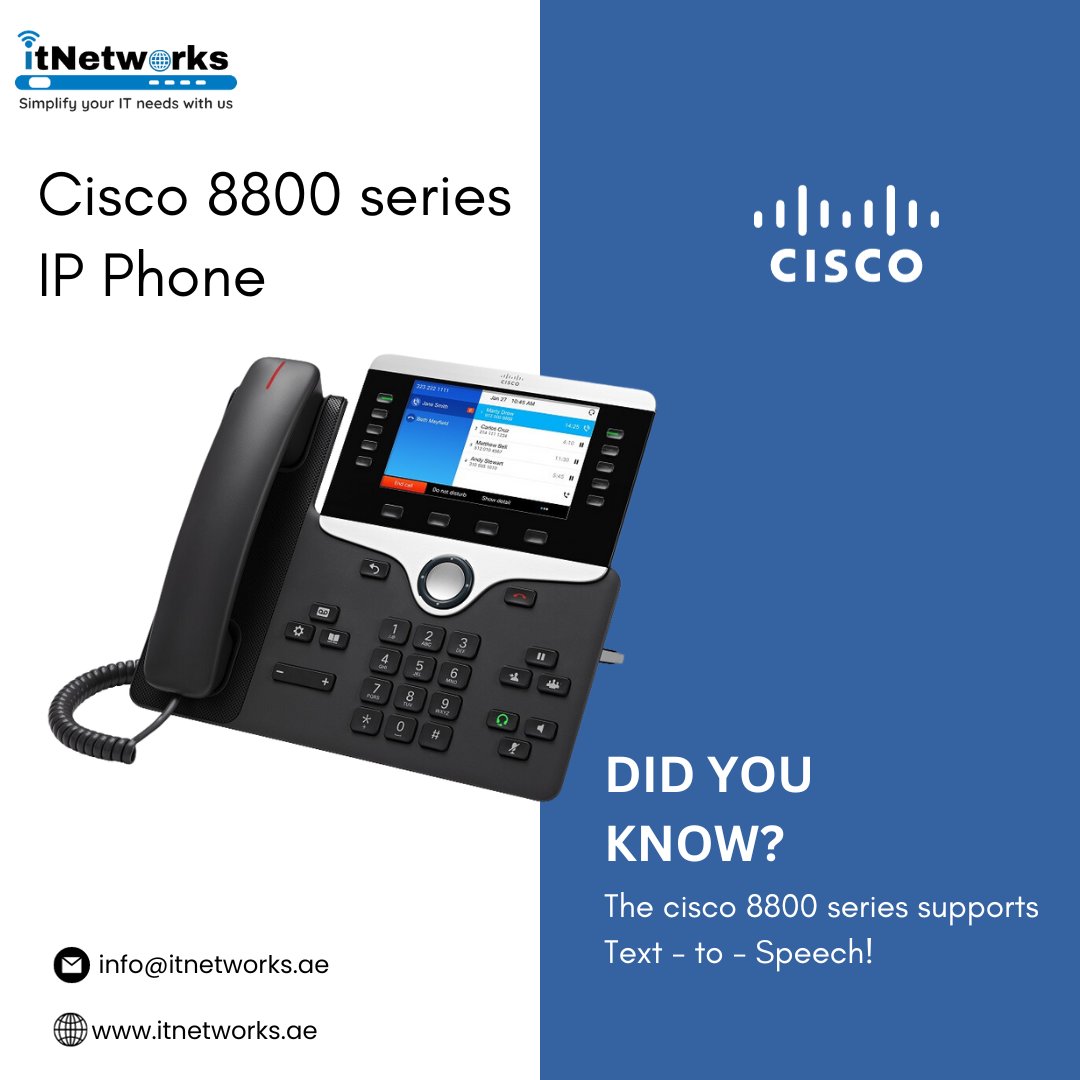 itnetworks22's tweet image. Elevate communication with Cisco's 8800 IP phone series. 📞✨ #Cisco8800 

itnetworks.ae
itnetworks.ae/cisco/cisco-ip…

#ITNetworks #server #wireless #networkingsolutions #networkingproducts #cisco #ciscoipphones #VOIP #Blutooth #ciscovoip #texttospeech #palastine #Egypt