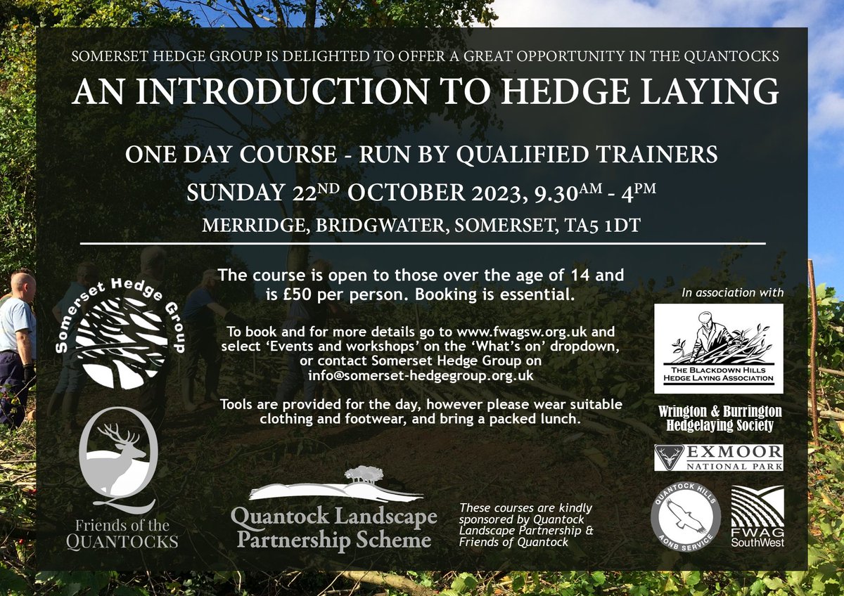 Are you a hedge enthusiast? Want to learn how to lay a hedge like a pro? Well do we have just the day out for you...! 🌿🪓🌱
Join <a href="/SomersetHedges/">Somerset Hedge Group</a> and our qualified trainers on Sunday 22nd October in Merridge, Somerset for this one day course...
fwagsw.org.uk/Event/an-intro…