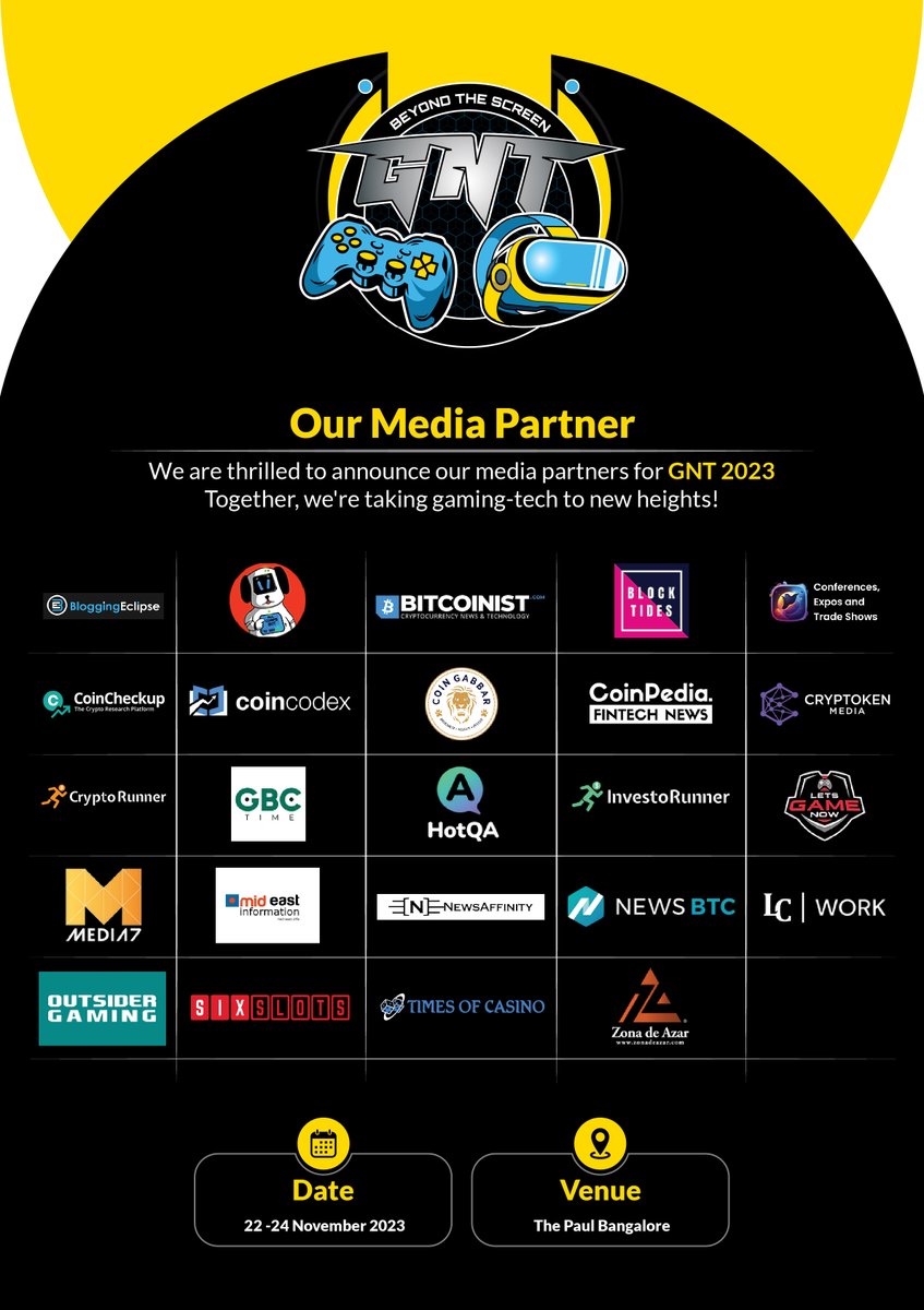 Lights, Camera, Collaboration!
Thrilled to unveil our incredible media partners for the GNT 2023 Convention! 
Mark your calendars!
Register at GNT 2023 to delve deeper into the world of Indian mobile gaming! lnkd.in/dGu3YDxz
📷 Date: 22nd - 24th November 2023,Bengaluru