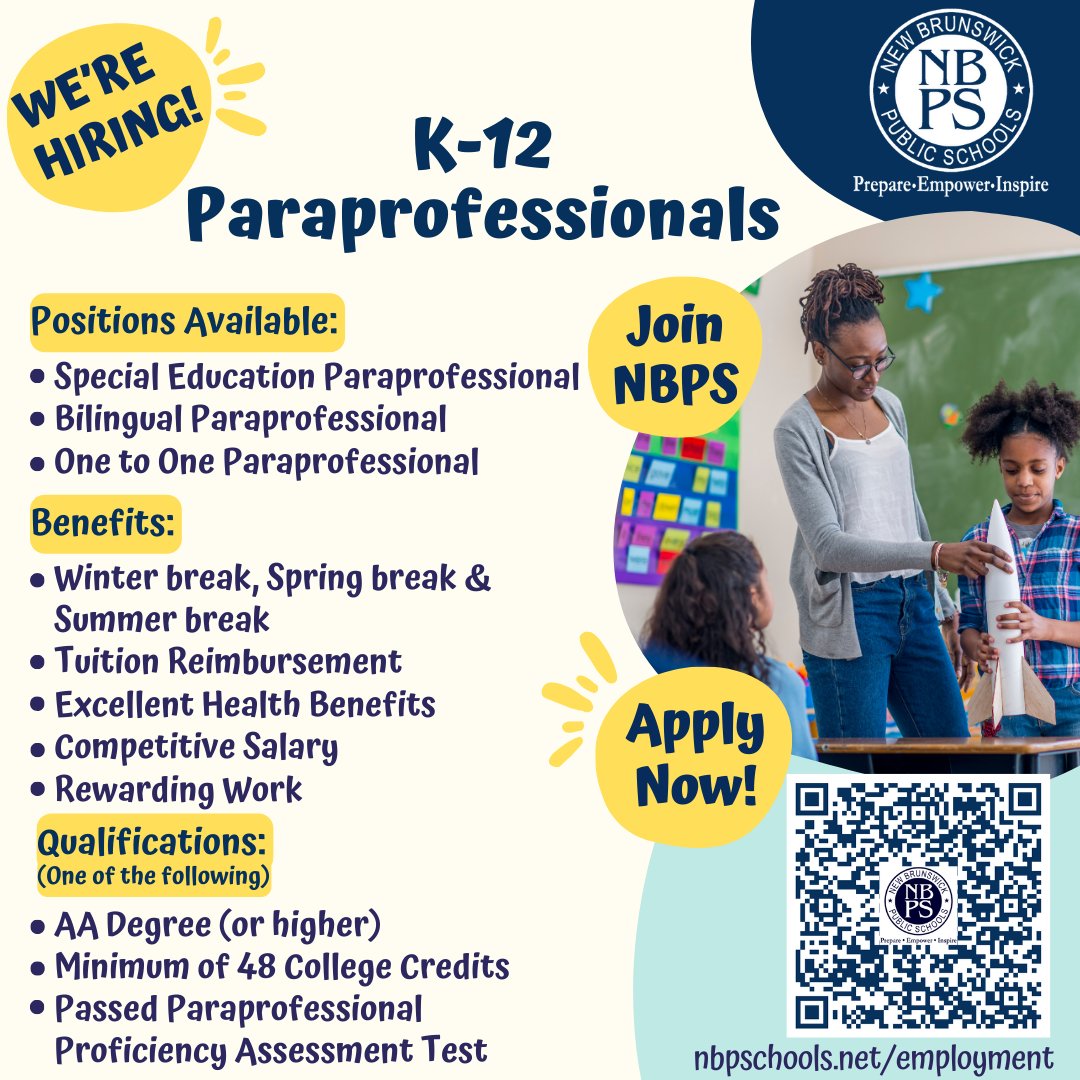 Are you ready for meaningful experiences? #JoinNBPS We're Hiring Paraprofessionals! See below for more details and apply today - nbpschools.net/employment #WeAreHiring #NJParaprofessionals #paraprofessionals #teacherassistant #Allin4NB #NBPS #NBPSLetsGo!