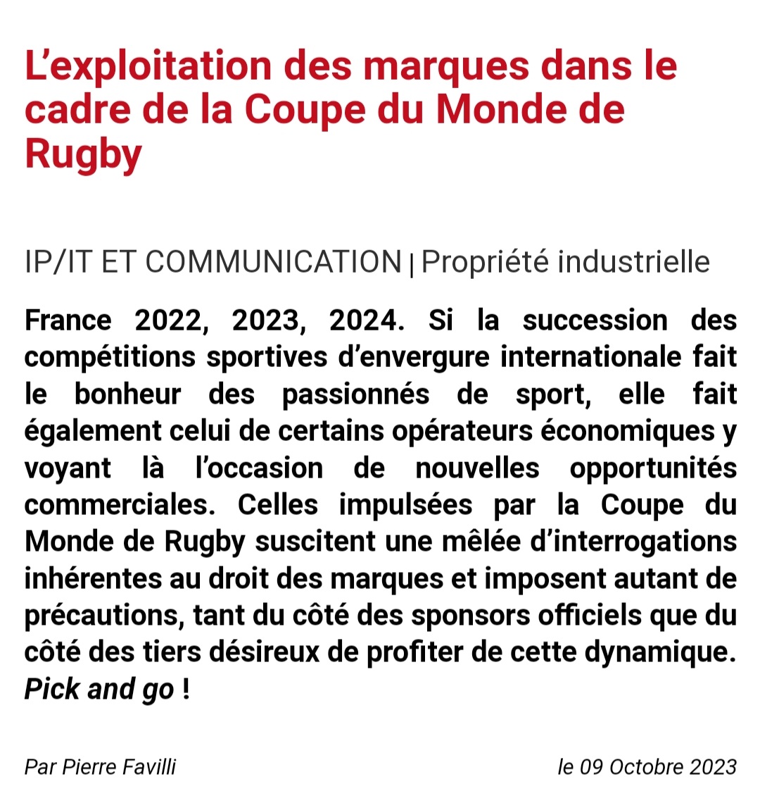 Retrouvez mon article à la une du "Droit en débats" sur <a href="/Dalloz/">Editions Dalloz</a>.

"L'exploitation des marques dans le cadre de la Coupe du Monde de Rugby 🏉 " 

dalloz-actualite.fr/node/l-exploit…

#rugby #France2023 #RugbyWorldCup