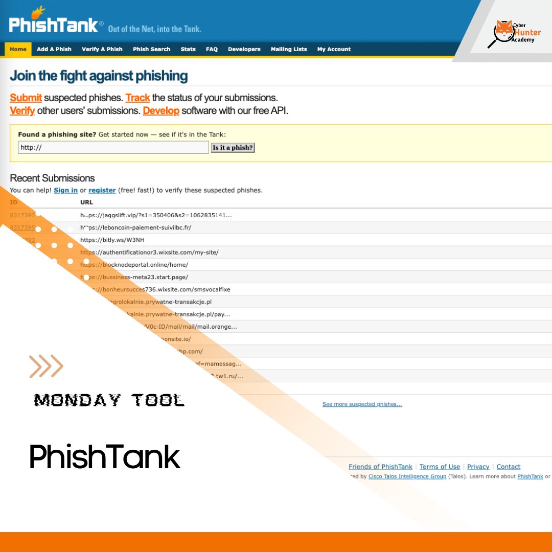 CyberHunterSec's tweet photo. 🛡 ¡Día de #mondaytool!
Hoy nos toca hablar de PhishTank, un recopilatorio la mar de salado de campañas de phishing.
https://t.co/D7qC5ZiQ2y
IM-PRES-CIN-DI-BLE
#seguridad #cybersec #security #sec #cybersecurity https://t.co/wUKqXABxNX