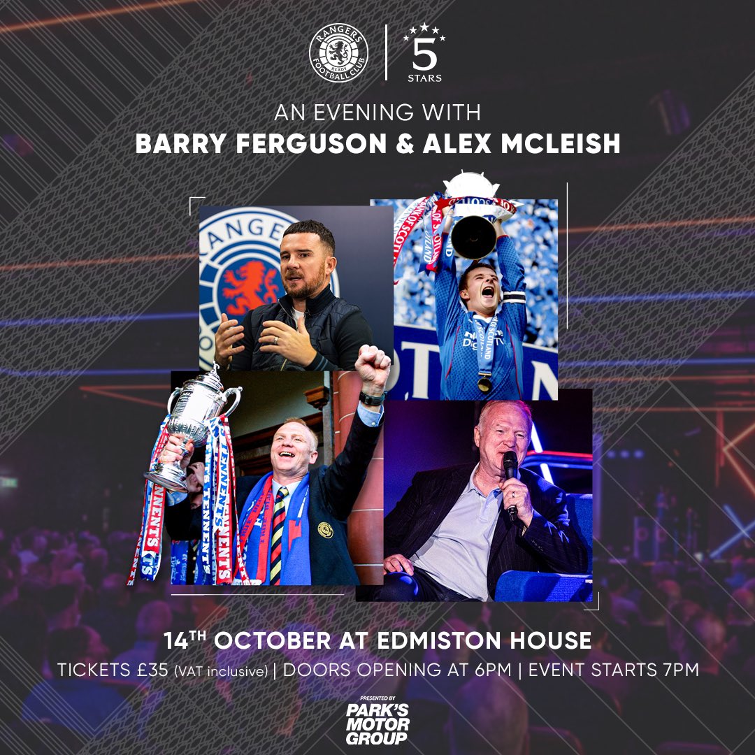 4ladshadadream's tweet photo. *** COMPETITION ***

WIN 2 Tickets to an evening with Barry Ferguson & Alex McLeish thanks to Rangers 

To win 
* Repost, Like 
* follow @EdmistonHouse @4ladshadadream 

Winner must be over 18 & with own transport to attend, chosen at random 

****

Rangers are delighted to announce that ‘An Evening With Barry Ferguson and Alex McLeish’ will be held in Edmiston House, presented by Park’s Motor Group, on Saturday October 14.

Two undeniable Ibrox legends, Ferguson and McLeish will share experiences from their celebrated Rangers careers including multiple trophies, a domestic treble and the unforgettable Helicopter Sunday in a unique player and manager format. 

Guests will be able to submit their own questions to the pair during the evening, which will also feature live music and chances to win exclusive Rangers prizes’
