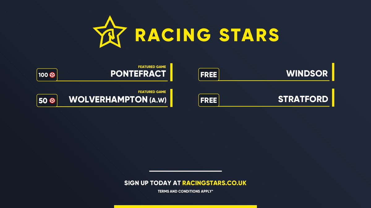RacingStarsLtd's tweet photo. We have 4️⃣ games today:

⭐️ Pontefract
⭐️ Wolverhampton 
⭐️ Windsor
⭐️ Stratford

Get your selections in ➡️ https://t.co/GzaE6YsWYa 

#RacingStars #Horseracing https://t.co/pqPjWfccFM