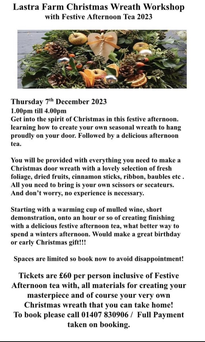 LastrafarmHotel's tweet photo. Gweithdy gwneud torchau gyda Te Prynhawn Nadoligaidd, arbedwch y dyddiad,  dydd Iau 7fed o Ragfyr. Mae archebion bellach ar agor. 01407 830906

Wreath making workshop with Festive Afternoon Tea, save the date, Thursday 7th of December. Bookings now open. 01407 830906
#anglesey https://t.co/gIBl6GXOOF
