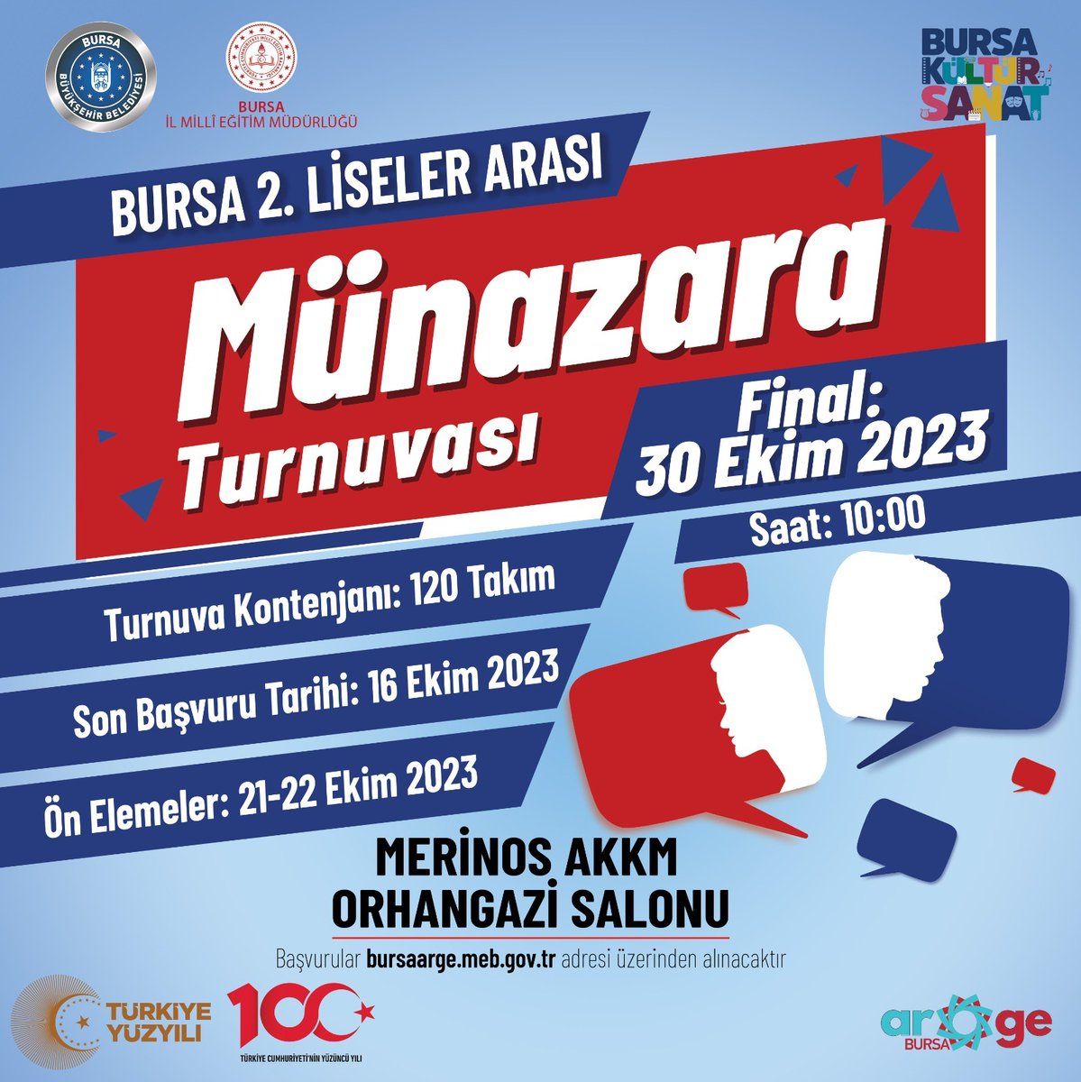 📌İl Millî Eğitim Müdürlüğümüz ve <a href="/bursabuyuksehir/">Bursa Büyükşehir Belediyesi</a> iş birliğiyle düzenlenecek olan "2. Bursa Liseler Arası Münazara Turnuvası" başlıyor.

🗓️Son başvuru tarihi: 16 Ekim 2023 

Detaylar👉🏼 meb.ai/wMJWJF

<a href="/tcmeb/">Millî Eğitim Bakanlığı</a> <a href="/bursabuyuksehir/">Bursa Büyükşehir Belediyesi</a>  <a href="/Alireisoglu34/">Dr. Ahmet ALİREİSOĞLU</a> #bursamem