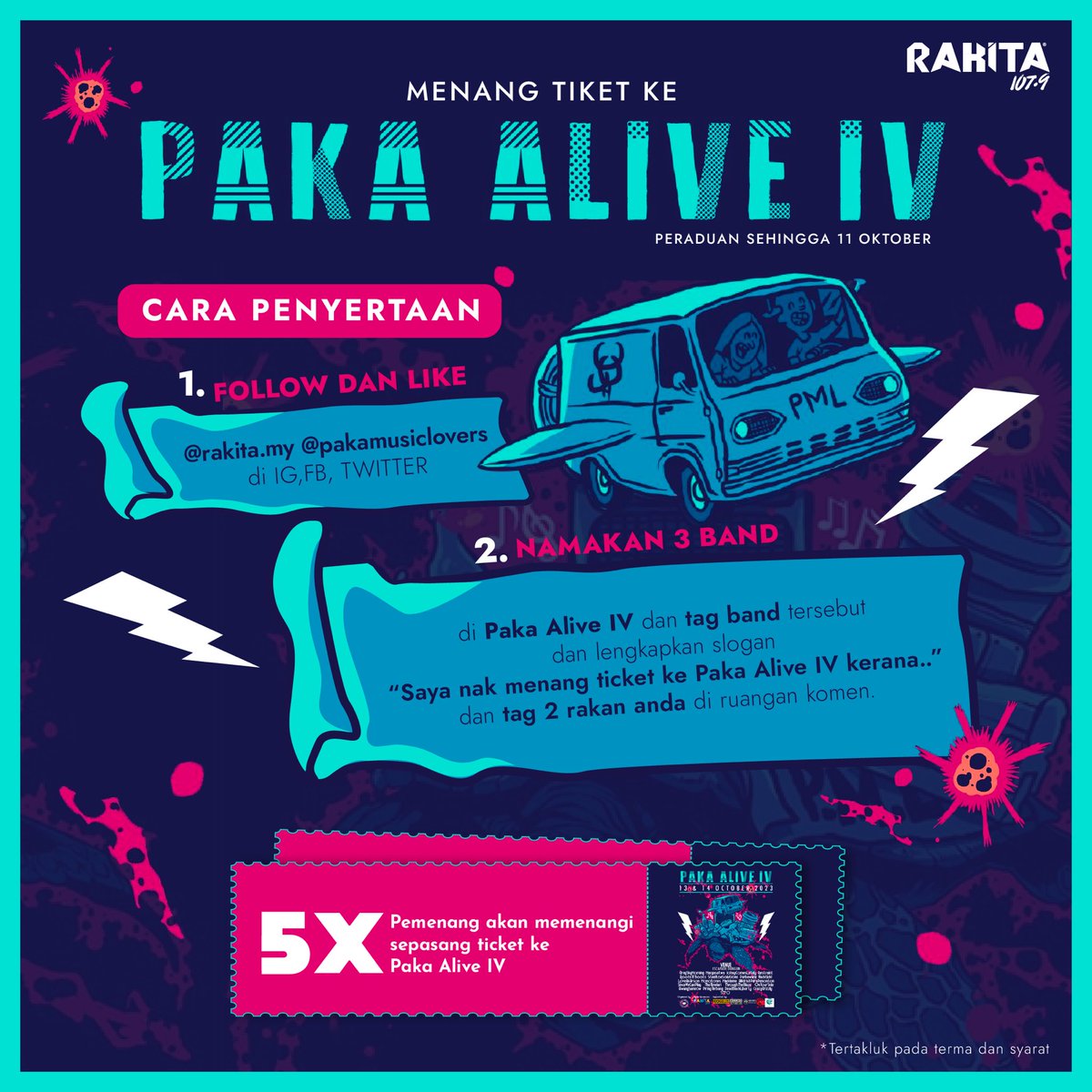 Woohooo! Contest time! 🎁 Rakita nak belanja tiket ke Paka Alive IV. Nak menang? Ikut cara-cara di poster 👀 

🎫: 5x Pemenang akan memenangi sepasang tiket eksklusif ke Paka Alive IV 

• Peraduan sehingga 11 Okt 2023
• Tertakluk pada terma dan syarat