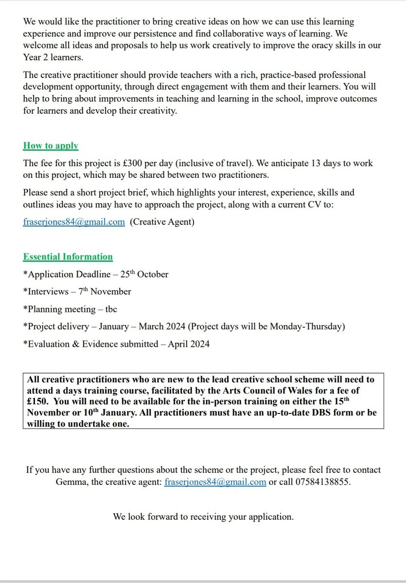 This is our updated advert for a Creative Practitioner for our <a href="/Arts_Wales_/">Cyngor Celfyddydau Cymru | Arts Council of Wales</a> Lead Creative Schools project. 
Please share and retweet.
#TheStMichaelsWay #ExpressiveArts <a href="/CSC_ExpArts/">CSC_ExpressiveArts</a>