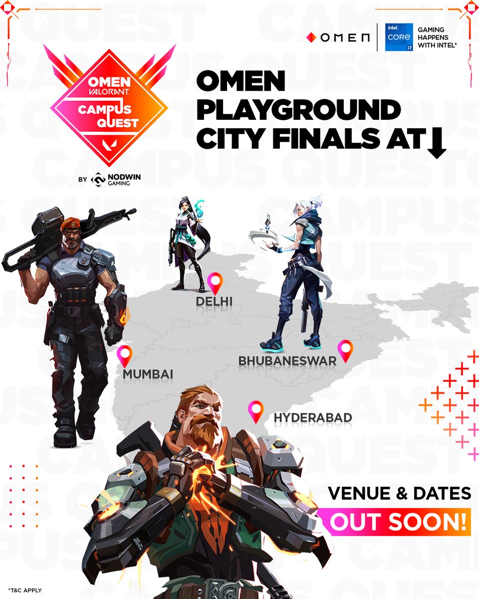 NodwinGaming's tweet photo. Get ready to cheer for your colleges!๐
๐ OMEN Valorant #CampusQuest City finals for #Mumbai #Delhi #Bhubaneshwar & #Hyderabad are set to happen at the OMEN Playground stores!๐ฅ
Stay tuned on our socials for Venue & Dates #OMEN #OMENIndia #BeOMENCool #HPOMEN #OMENdesk https://t.co/mBYWWmt05W