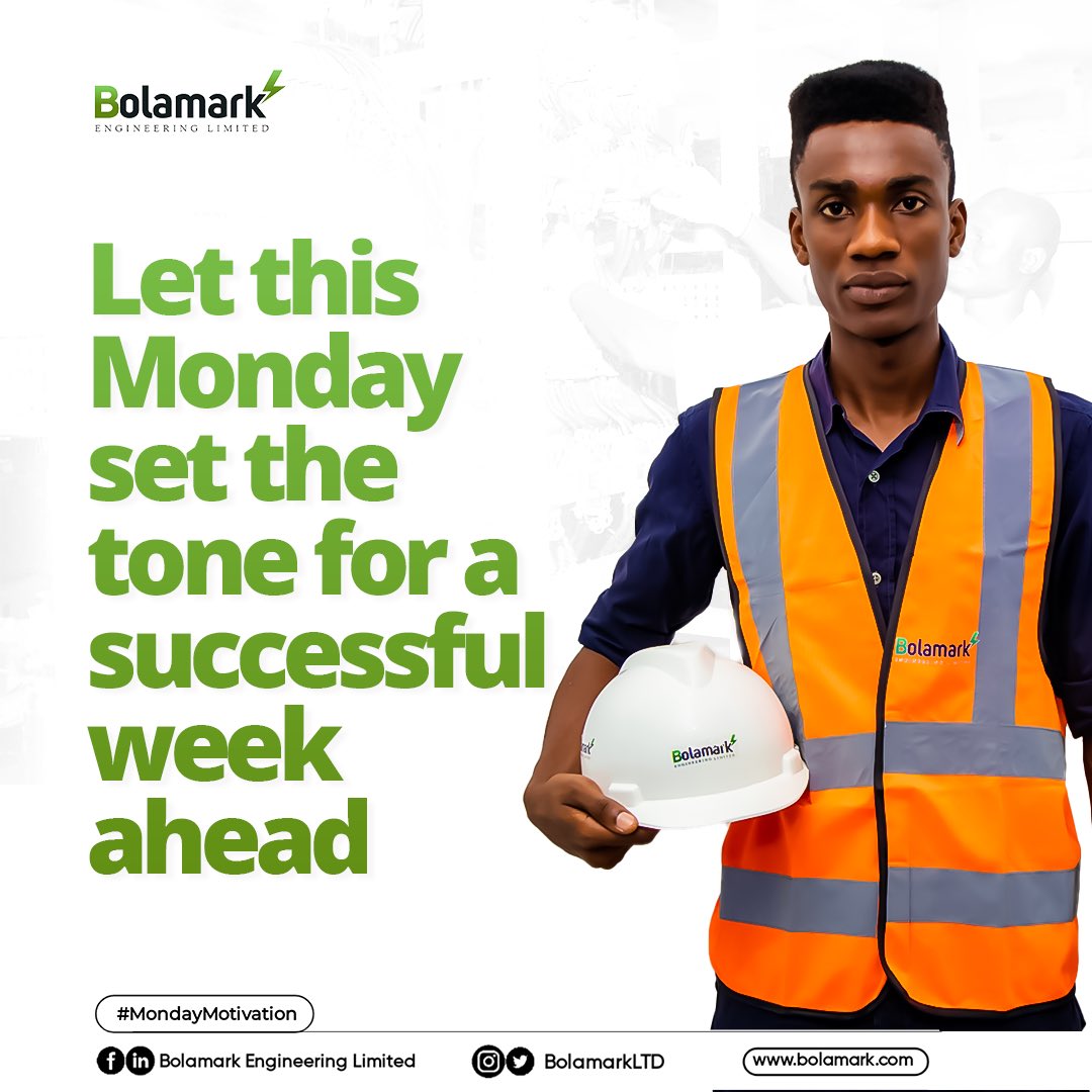 Let this Monday set the tone for a successful week ahead.
Do have a great week!

Reach out to us via 
📧: sales@bolamark.com
Call ☎️: 08159290187 , 08159290185.

#happymonday #mondayfeels #mondaymorning #motivationalmonday #mindset #monday 
#bolamark #engineering ⁣
#powerbackup