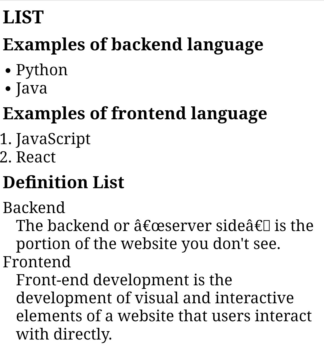 abayomi4sam's tweet image. HTML LIST TUTORIAL
While many are aware of ordered list and unordered list, there is another type of list which is used to define a terminology.
Below is the code and output.
#HTML
#webdevelop