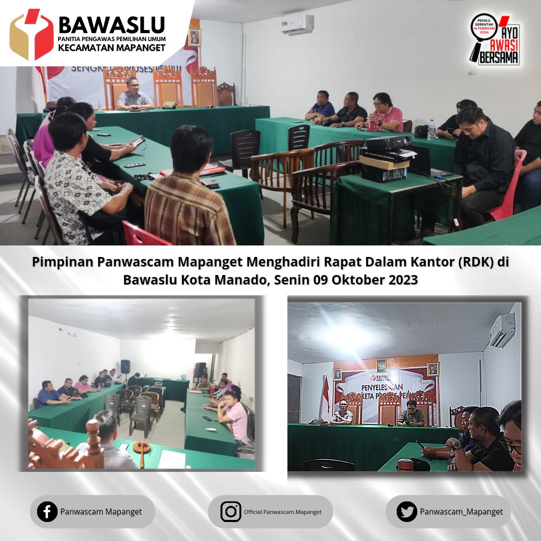 Panwas_Mapanget's tweet photo. Halo #sahabatbawaslu Pimpinan Panwascam Mapanget menghadiri kegaiatan Rapat Dalam Kantor (RDK) di Kantor Bawaslu Kota Manado, Senin 09 Oktober 2023
Ayo Terus Awasi, Salam Awas
#bawasluri #bawaslusulut #bawaslumanado #panwascam #panwaslu #bawaslumengawasi #sulut #manado #mapanget https://t.co/hxHV63NJrO
