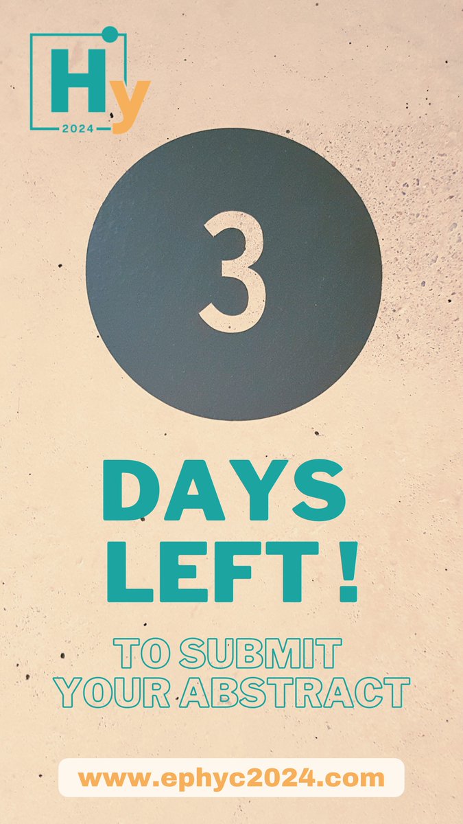 Hurry up! Only 3 days left to submit your abstract for @EPHYC2024 How? Read it here: ephyc2024.com/registration
#callforabstracts #Hydrogenresearch #PhDconference