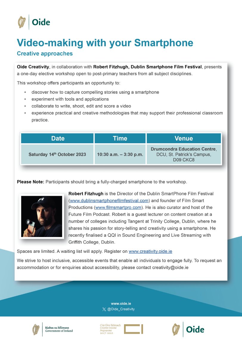 On Saturday 14th October, join us in Dublin for Video Making on a Smartphone @DrumcondraESC with @RobertFitzhugh4 or in @eckilkenny for Creativity in a Changing Climate with Lisa Fingleton. Register here to secure your place: creativity.oide.ie