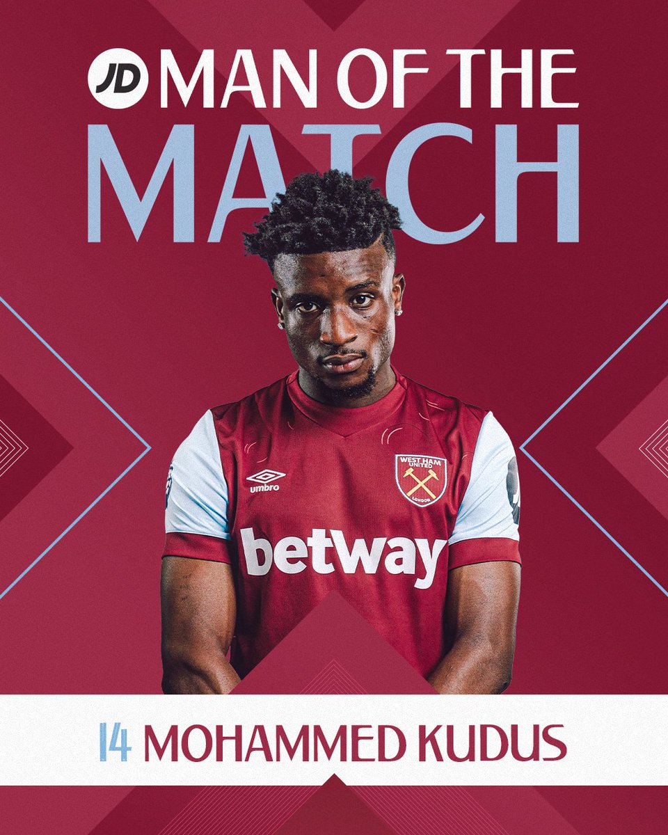 WestHam's tweet photo. First Premier League goal and a fine performance 👏

Congratulations to our @JDFootball Man of the Match, Mohammed Kudus! 🙌 https://t.co/2V3dR3VHF9