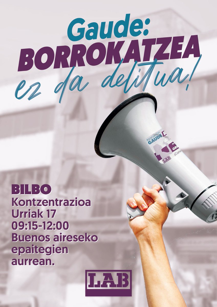 LAB_eskumaldea's tweet photo. Marea urdina"-k antolatutako mobilizazio baten ondorioz, @Asoc_Gaude-ko langile eta LABeko delegatua dena epaitua izango da
🗓-> #Urria-ren 17an, Bilboko epaitegiaren aurrean elkarteratzea
Anistazun funtzionaleko langileen kontrako erasorik ez, borroka sindikala ez da delitua! https://t.co/TkAyM1WmwN