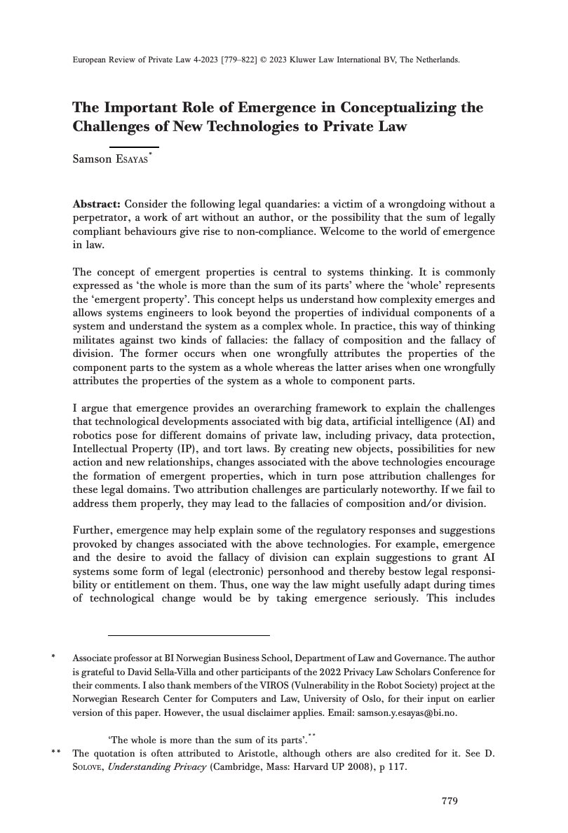 In his paper "The Important Role of Emergence in Conceptualizing the Challenges of New Technologies to Private Law", <a href="/Hahubelgobez/">Sam</a> aims to systematize the regulatory challenges associated with emerging #technologies, such as #AI, #bigdata, and #robotics: kluwerlawonline.com/journalarticle…