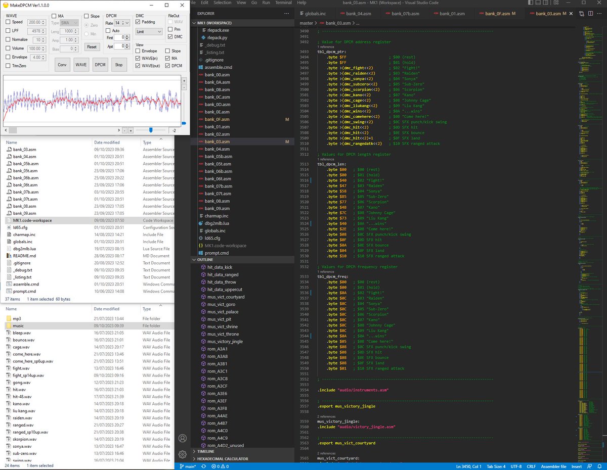 Working again on delta modulation samples for the #NES #MortalKombat demake/hack.
I need to make room for two new samples. Some trickery is required, and hopefully it won't sound too bad (DPCM samples on NES are always a bit dodgy).