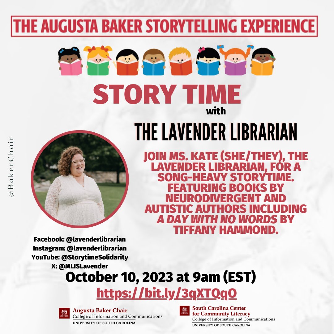October 10 Register here bit.ly/3qXTQqO
🌟This series is part of the Augusta Baker programming at the University of South Carolina School of Information Science. 🌟sites.google.com/view/bakerlect…