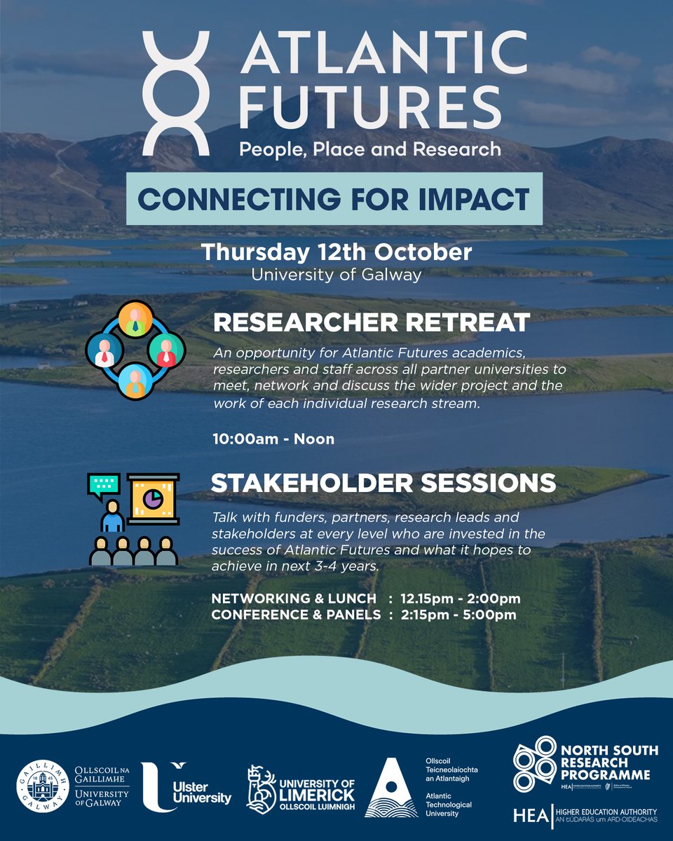 The countdown is on! The #AtlanticFutures team will connect at @uniofgalway this Thursday to explore how our joint #SharedIsland research can have the most meaningful impact in transforming the North West Atlantic Corridor #ConnectingForImpact 

@hea_irl @UlsterUni @UL @atu_ie