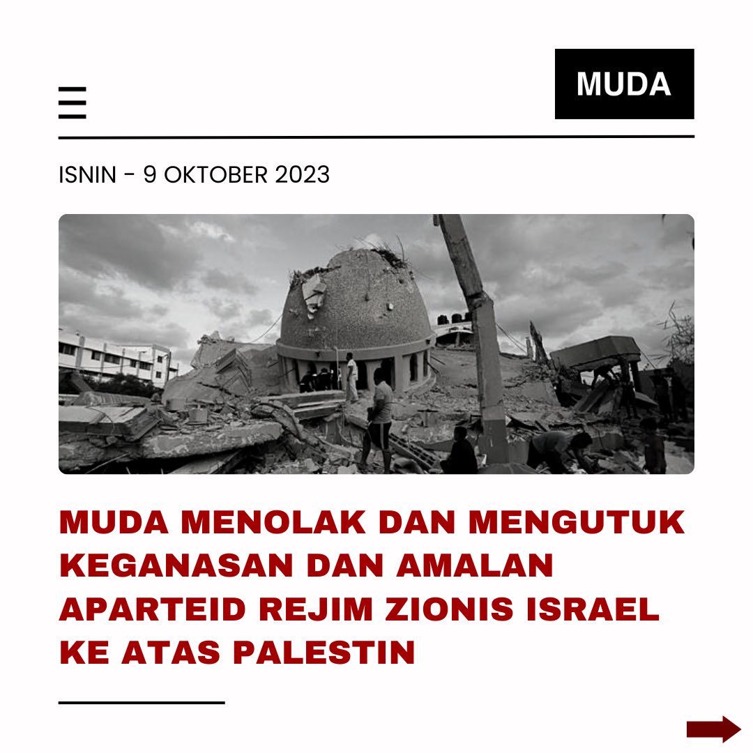 partimuda's tweet photo. Kenyataan Media: 

MUDA MENOLAK DAN MENGUTUK
KEGANASAN DAN AMALAN
APARTEID REJIM ZIONIS ISRAEL
KE ATAS PALESTIN https://t.co/bEklr8e67r